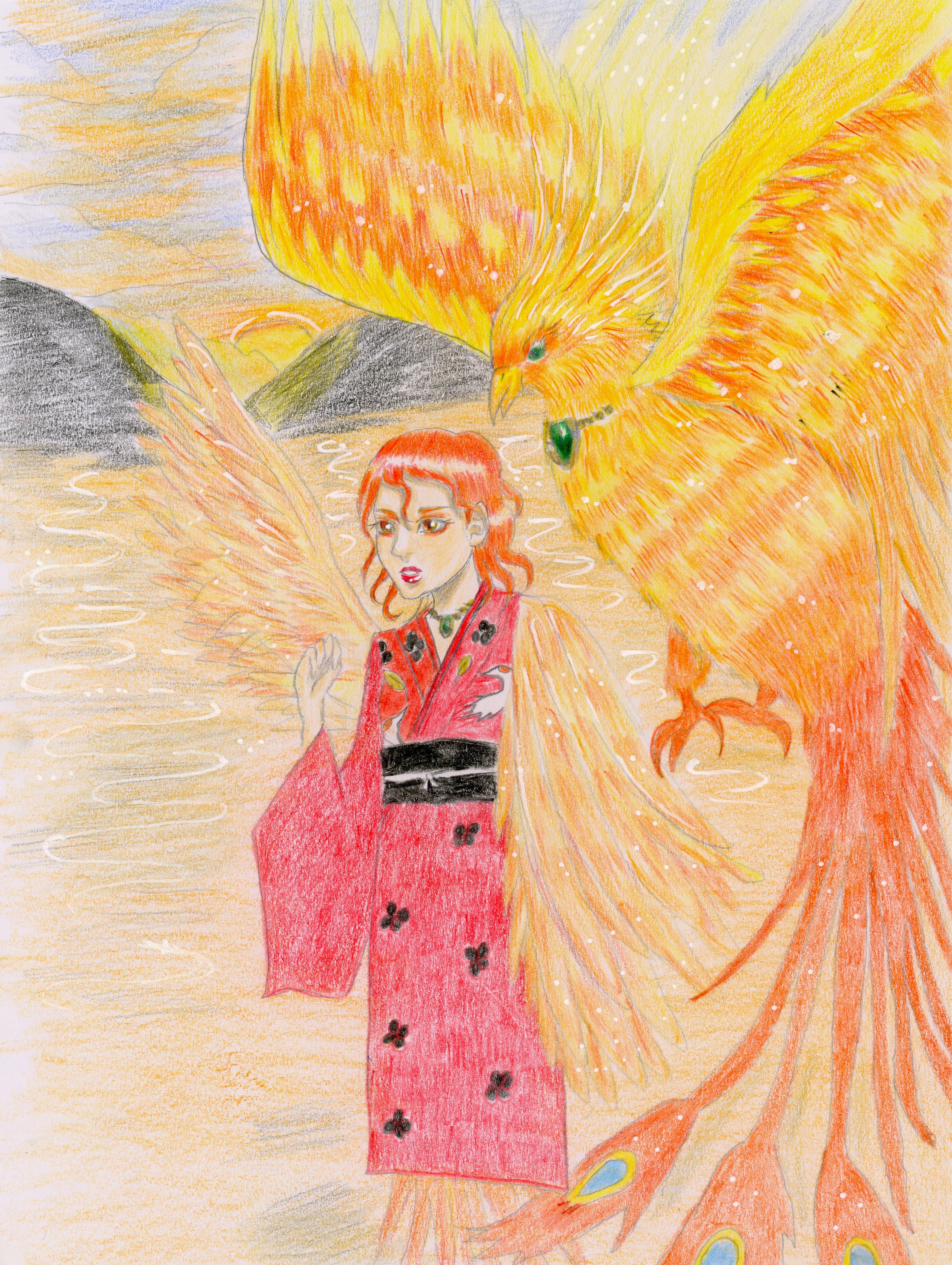 「夕焼けと朱雀」